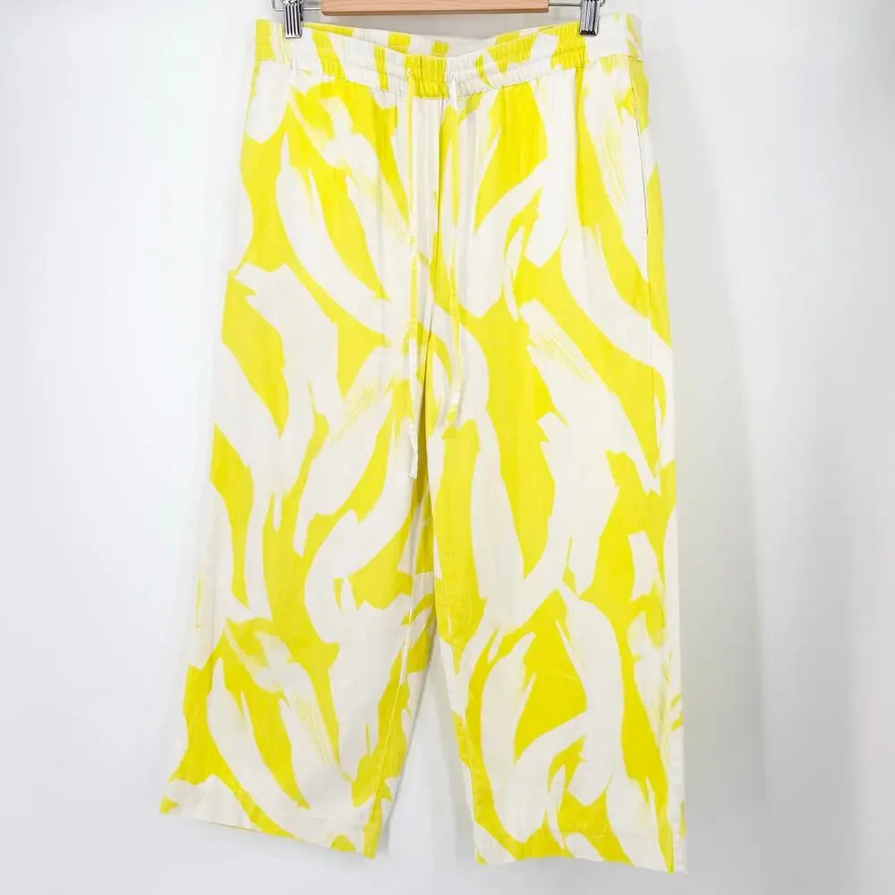 DKNY Linen Blend Wide Leg Crop Pants Yellow White Abstract Print Medium - Picture 9 of 12